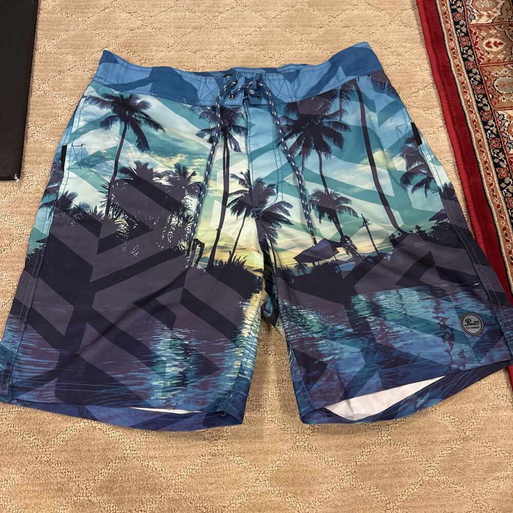 Pier 27 Mens Board Shorts L Blue Palm Tree Sunset Print Swim Trunks Beach Surf